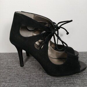 Audrey Brooke Black Leather Lace Up Heels Peep Toe Stiletto Pumps Women Size 6